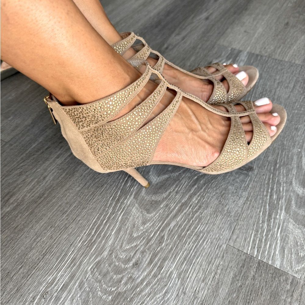 Michael Kors womens taupe sandal heel suede crystal party formal Size 8.5